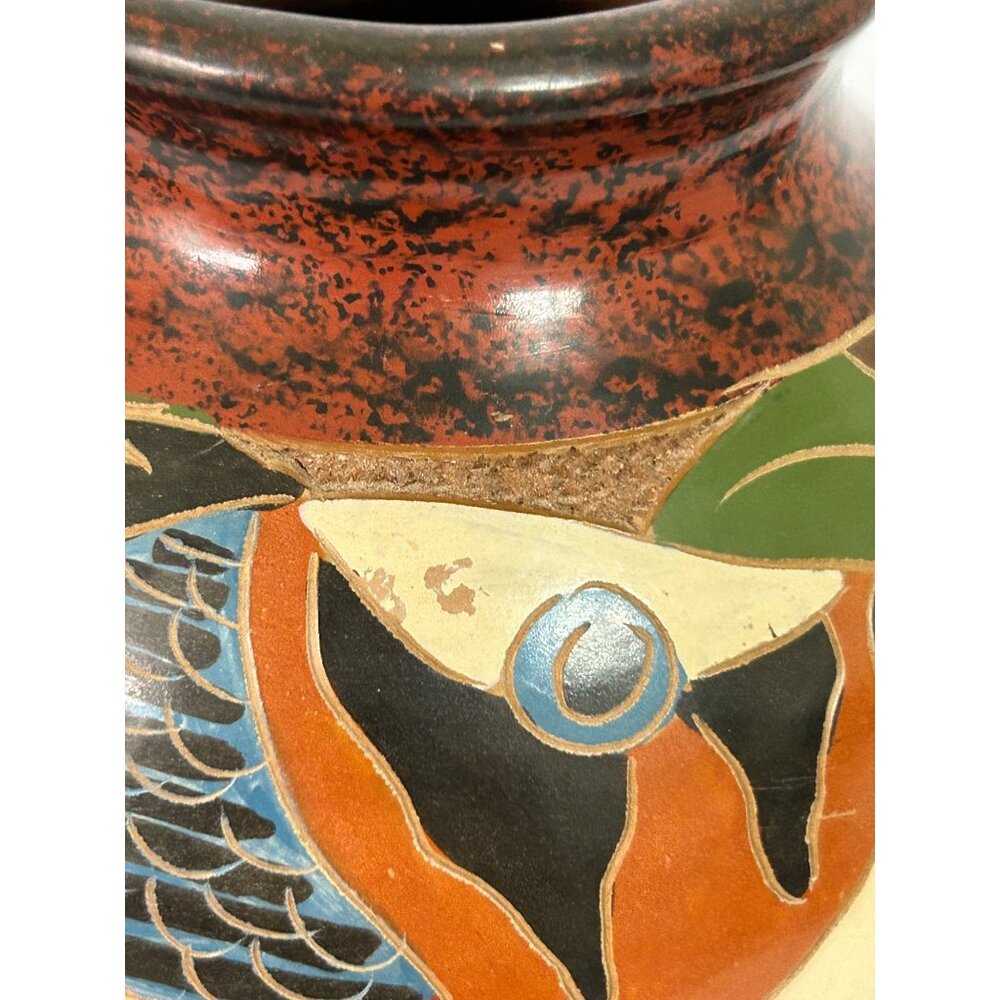 Handcrafted Ceramic Folk Art Vase Parrot & Fish Design Green Blue Red Cost Rica - Picture 7 of 10